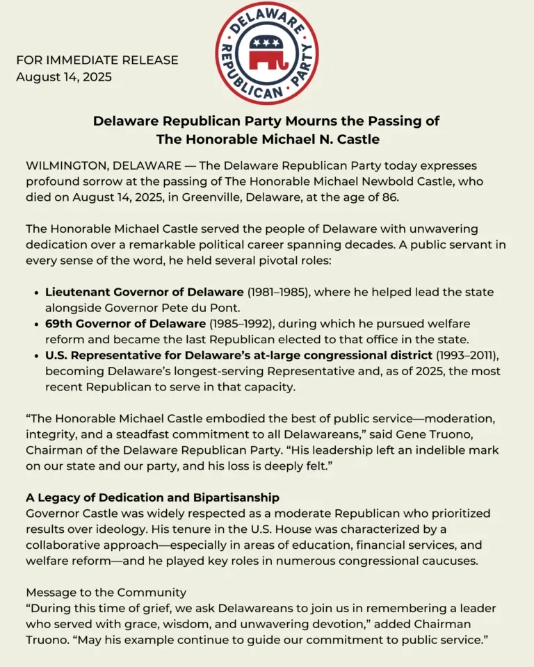 Delaware Republican Party announcement on the passing of the Honorable Michael N. Castle